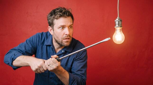 A man fiercely grips a screwdriver like a weapon, ready to strike a glowing lightbulb. It humorously illustrates the battle between an incompetent DIYer and simple home repairs.