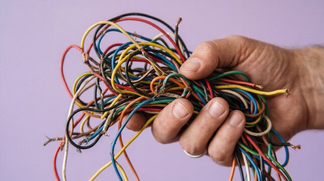 A hand grips a chaotic, tangled cluster of colorful, stripped electrical wires. It vividly portrays the overwhelming confusion and messy reality of amateur electrical wiring.