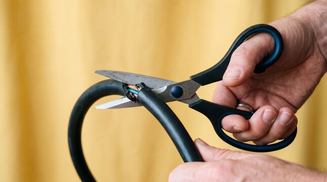 Hands inappropriately use standard scissors to sever a thick black electrical cable. This conveys the danger and folly of using incorrect tools for hazardous electrical jobs.