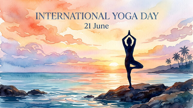 International yoga day artistic watercolor poster tree pose at sunset