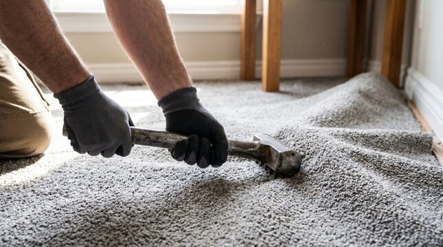 Worker using a specialized stretching hammer tool to install and secure new grey carpet