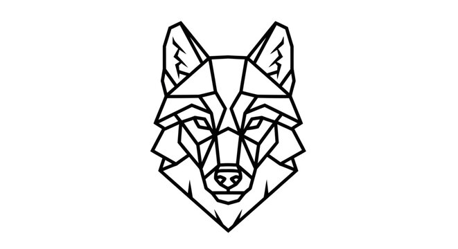Geometric wolf head illustration in minimalist line art style. Abstract polygonal wild animal face design element, black and white.