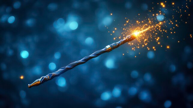 A magical wand casting a spell with sparks flying out of the tip against a blurred blue background.