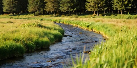 Obraz premium Small river flows through green meadow with tall grass and trees in background. Peaceful natural landscape in sunny daytime. Pure water stream runs in forest edge.
