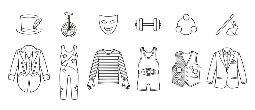Circus icons vector line art collection showing performer costumes and carnival props isolated on white background for coloring book, theatrical entertainment design, and festive element layouts.