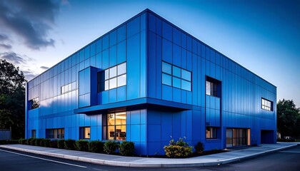 Fototapeta premium Modern Blue Office Building Standing on Quiet Street Corner at Dusk