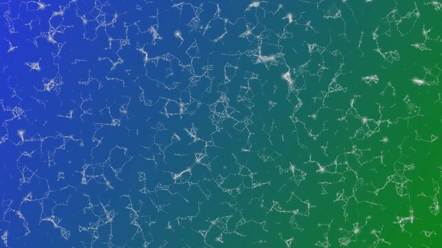 Abstract white plexus network with glowing points on a blue and green gradient background, data science, digital technology, or neural connection.