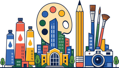 Obraz premium Creative art city skyline with paint palette, pencil tower, color tubes, brushes, and camera vector illustration. Wide fine arts, photography, and creative studio concept banner icon for artistic desi