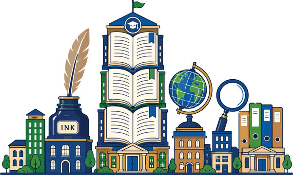 Education city skyline with stack of books tower, ink bottle, quill, globe, and magnifying glass vector illustration. Creative school university campus building landscape. Blue and gold academic knowl