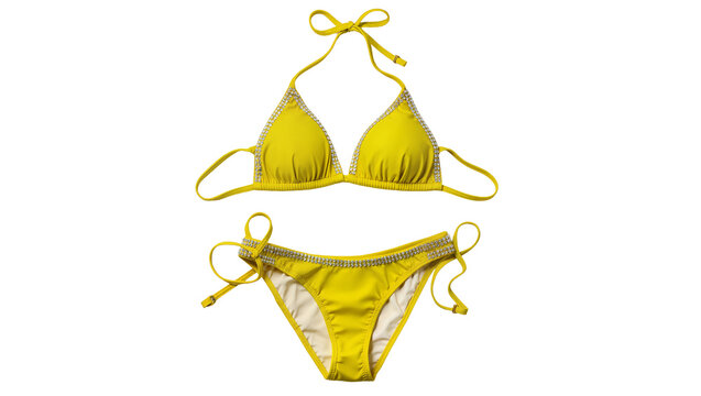 Isolated bright yellow rhinestone encrusted bikini swimsuit with adjustable tie straps