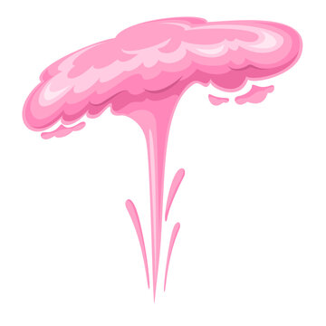 Pink smoke splash cloud with wide comic puff, dripping center and small side drops. Game effect, sticker, poster and UI design with pink smoke, vector illustration.