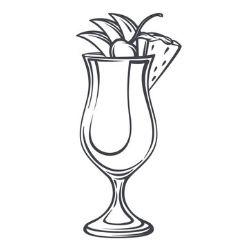Pina colada cocktail in hurricane glass with pineapple slice, cherry and tropical garnish in monochrome outline. Bar menu, summer drink card and cocktail design with pina colada, vector illustration