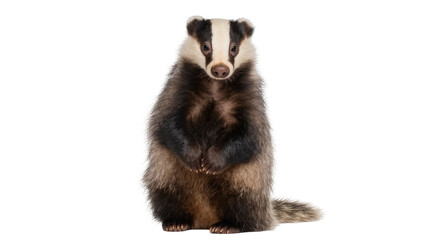 Isolated adorable European badger cub standing up on hind legs looking straight ahead © Oisin