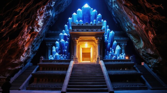 Ancient temple structure in cave. Giant blue crystals surround illuminated entrance. Stone stairs lead up to mysterious sacred place. Natural rock formations frame mystical scene underground.