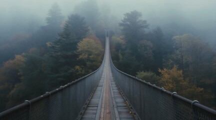 Obraz premium Wooden suspension bridge leads into foggy forest with autumn trees. Pathway disappears into mist creating sense of mystery adventure and unknown journey.