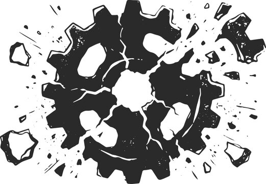 Exploding Broken Gear Wheel Grunge Ink Illustration &mdash; Dark Industrial Mechanical Shatter Art for Logo, T-Shirt and Merch Design