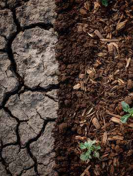 Soil Health Comparison: Cracked Dry Soil vs Fertile Mulched Soil