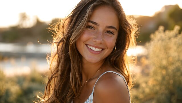 Ultra realistic portrait of a beautiful young woman smiling warmly at the camera in a natural outdoor setting during golden hour.