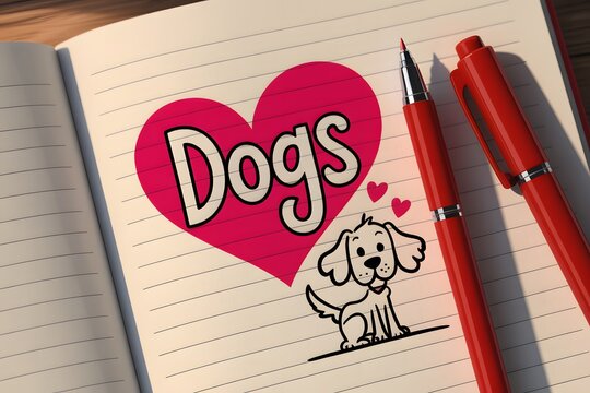 Cute cartoon dog with love heart and dogs text illustration