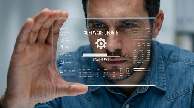 Illustration Focused professional man interacting with a transparent holographic screen displaying a software update progress bar in a modern office environment Generated AI