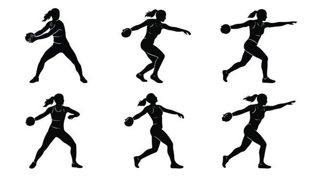 Silhouette of a woman throwing discus in various poses
