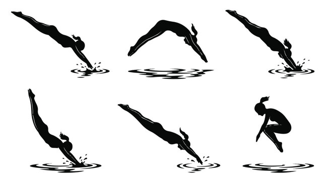 Black silhouettes of woman diving into water in various poses