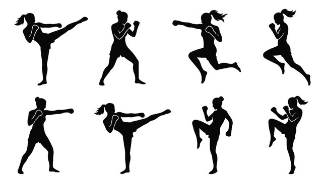 Silhouettes of women performing various kickboxing and fighting poses