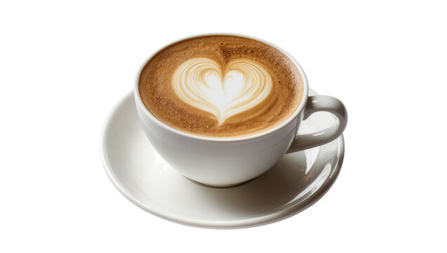 Isolated warm cappuccino with elegant heart latte art, served on a classic white ceramic saucer.