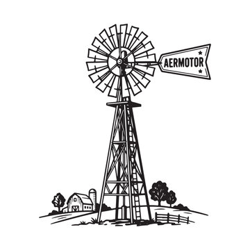 Vintage aermotor windmill illustration on white background