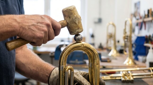 Brass instrument repairer using a rawhide mallet and a steel dent ball to remove a dent from a trumpet