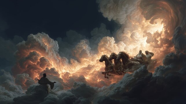 Prophet Elijah ascending to heaven in fiery chariot pulled by flaming horses, Elisha watching below, dramatic Old Testament scene

