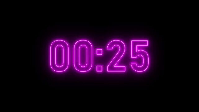A beautiful glowing neon 0 second to 5 minute countdown. zero second to five minute countdown timer animation on transparent background with alpha channel. Glowing 4K countdown animation.