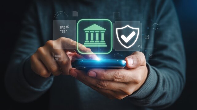 Secure online banking application protection with shield icon on phone.