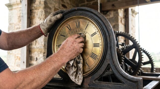 Clockmaker wiping the brass face of a large antique tower clock mechanism with a dirty rag