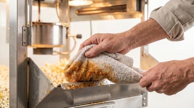 Concession worker wiping the metal tray of a commercial popcorn machine with a messy towel