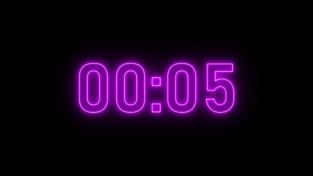 A beautiful glowing neon 0 second to 1 minute countdown. zero second to one minute countdown timer animation on transparent background with alpha channel. Glowing 4K countdown animation.