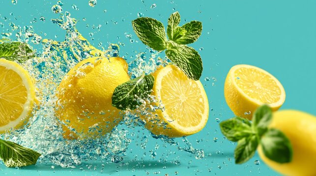 Fresh Lemons Splash Into Sparkling Water With Mint Leaves on Turquoise Background for Healthy Drink Concept