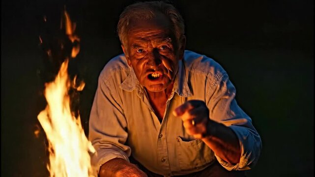 Congolese storyteller shares wisdom around a fire as he uses hand gestures to engage the audience in the night