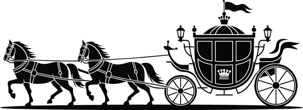Horses pulling a royal carriage with crown emblem and flag, silhouette illustration and team of transport