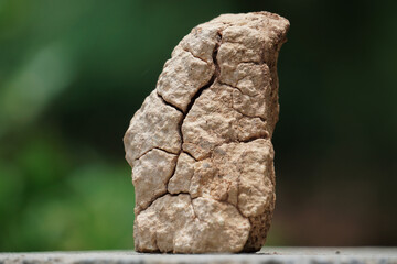Closeup of a textured single chunk of heavily cracked, light-brown rock standing upright on a flat ledge against a softly blurred, vibrant green background. Cracked rock. © Xihy