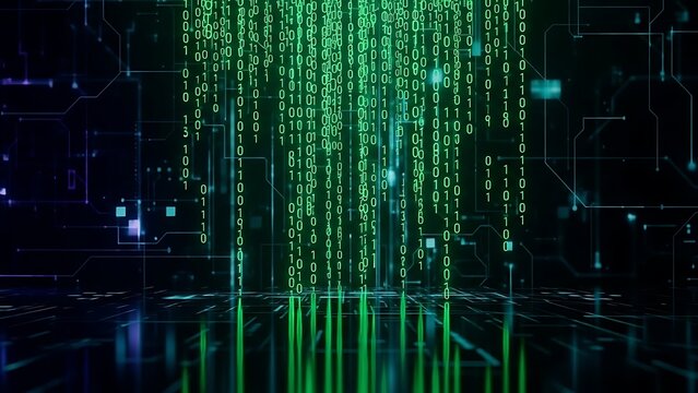Green Binary Code Digital Matrix Background with Circuit Lines
