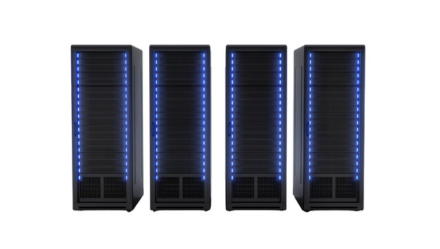 Isolated group of four black server racks with blue lights for modern IT technology