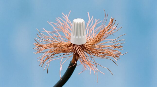 A tiny white wire nut sits atop a wildly splayed explosion of stripped copper wires. It humorously depicts a disastrously failed electrical connection and extreme danger.