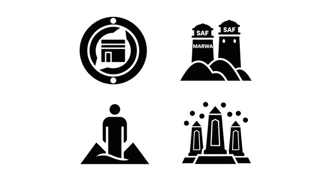 Islamic Icons: Kaaba, Safa Marwa, Hajj Pilgrimage, and Mosque Symbols