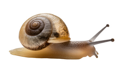 Isolated garden snail moving slowly, showcasing its brown spiral shell and textured body © Oisin