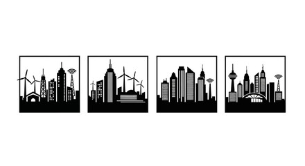 Fototapeta premium Modern City Skylines with Wind Turbines, Sustainable Urban Development Icons