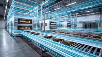 Obraz premium Automated Bakery Line with Blue LED Lighting