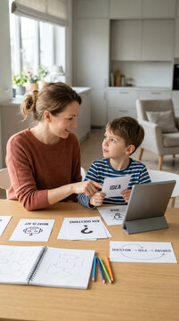 Family AI learning session at home with parent guiding curious child