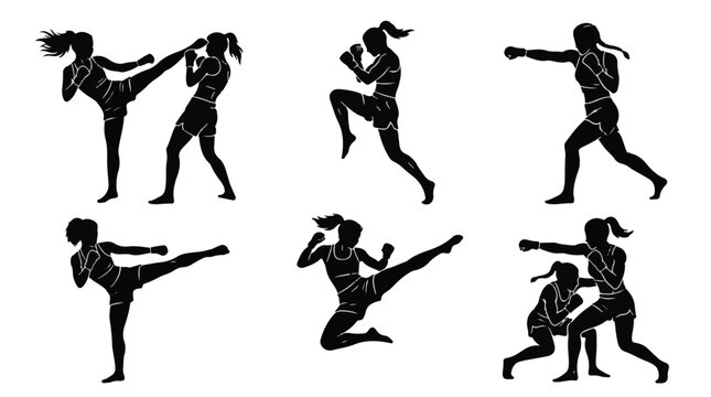 Silhouettes of women performing various kickboxing and fighting poses
