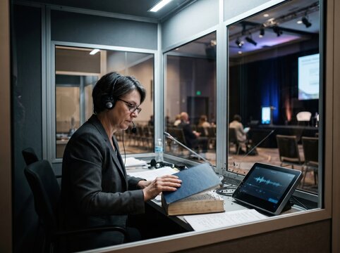 Conference translator closing dictionary in AI booth transition
